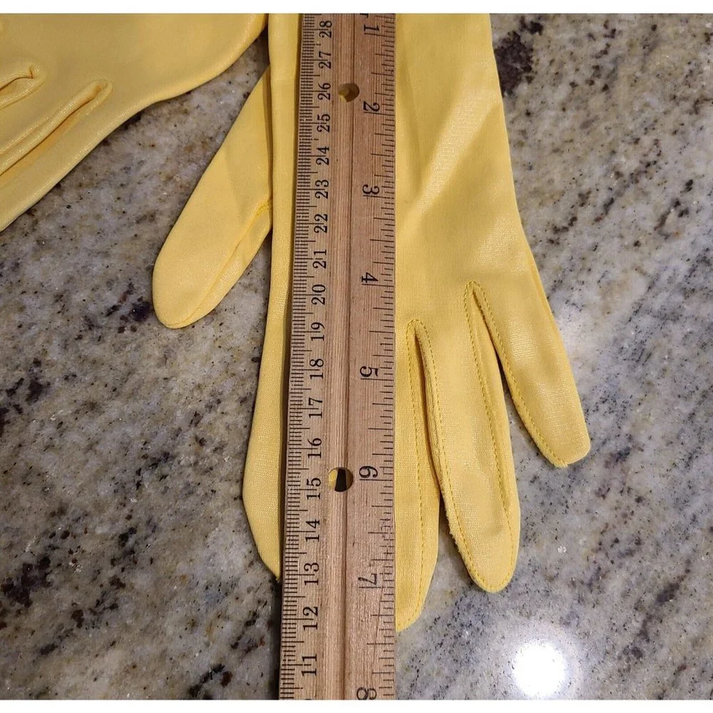 New! Vintage Size 6.5 Small Yellow Shiny Nylon Stretch Formal Gloves 7.5